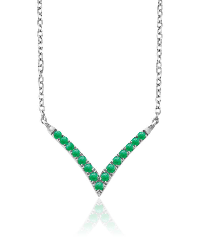 14K Solid White Gold Green Emerald V Chain Bar Necklace