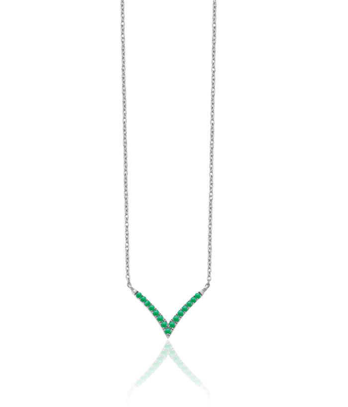 14K Solid White Gold Green Emerald V Chain Bar Necklace