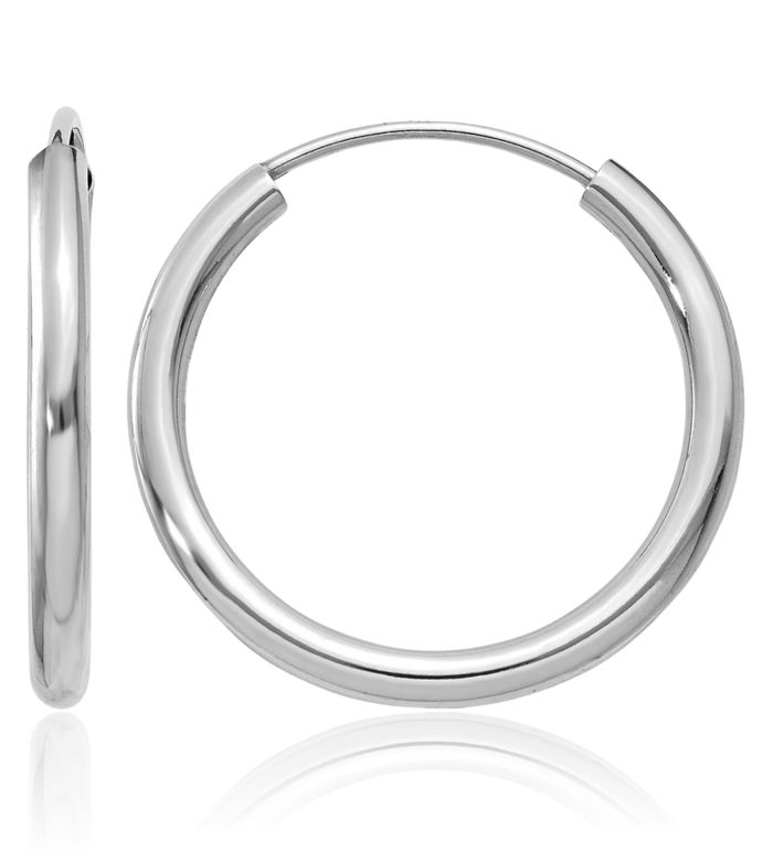 14K Solid White Gold Endless 2mm Round Medium Hoop Earrings