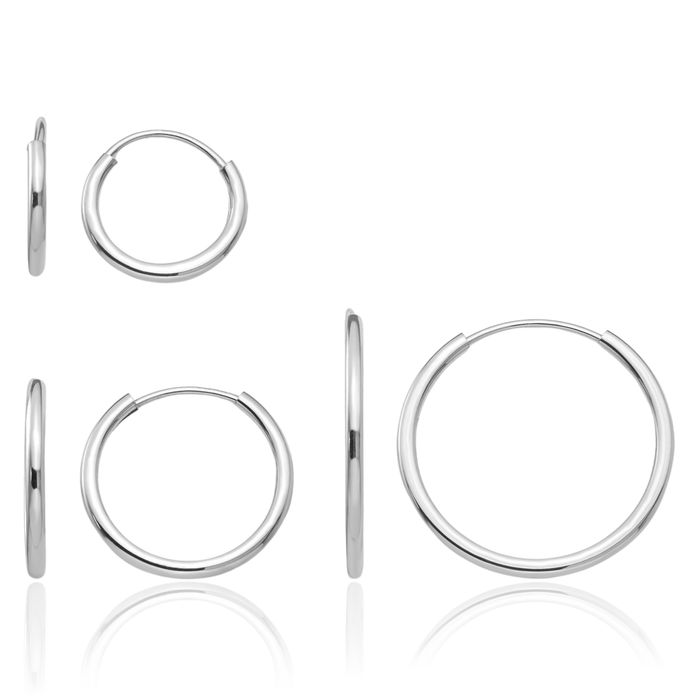 14K Solid White Gold Endless Huggie Mini Hoop Earrings 3 Pair Set