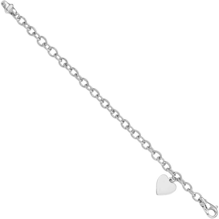 14K Solid White Gold Link Heart Charm Bracelet