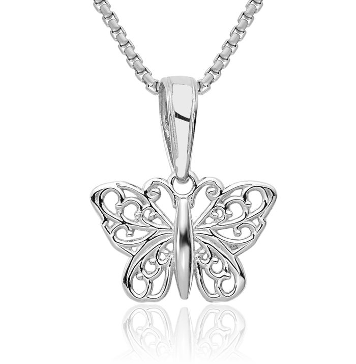 14K Solid White Gold Antique Filigree Butterfly Wings Necklace Chain Pendant Charm