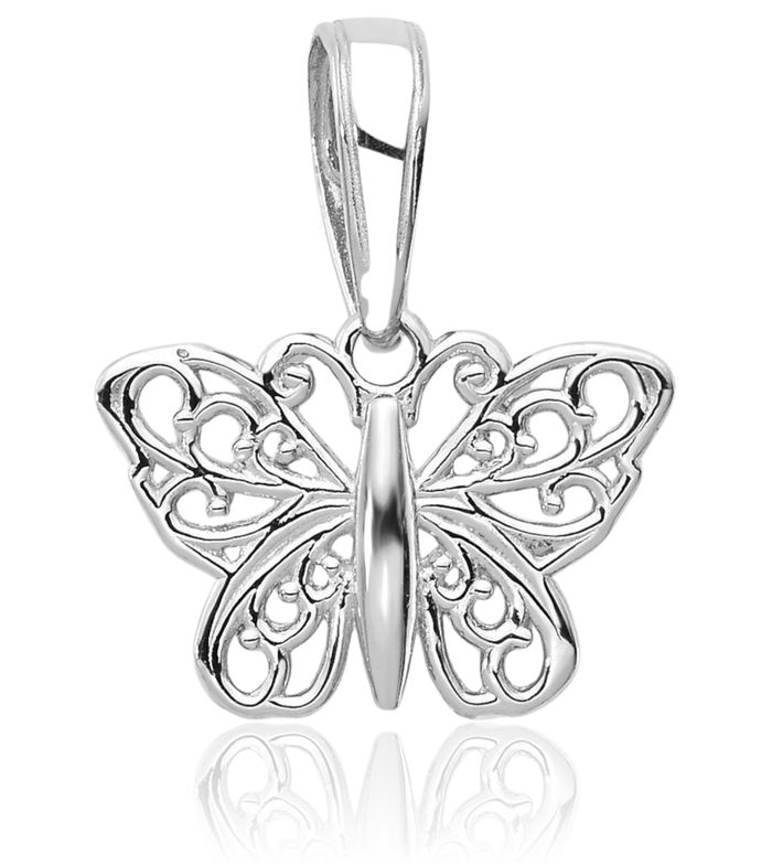 14K Solid White Gold Antique Filigree Butterfly Wings Necklace Chain Pendant Charm