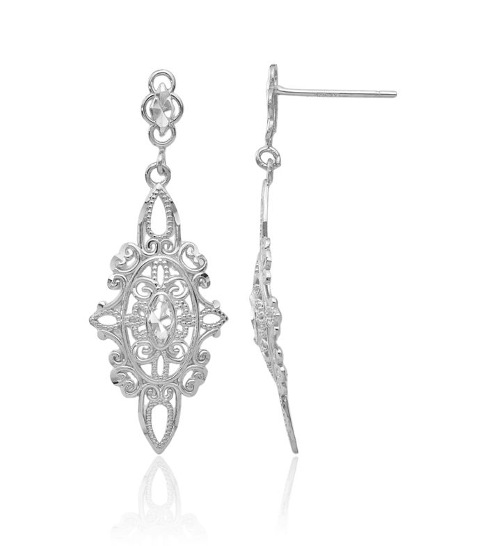 14K Solid White Gold Antique Filigree Drop Dangle Earrings