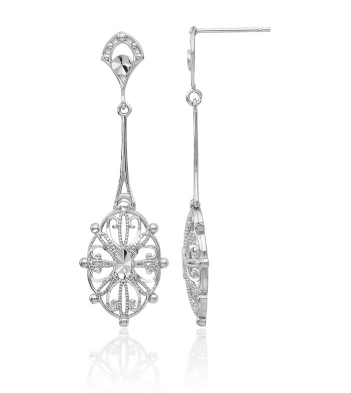 14K Solid White Gold Antique Filigree Drop Dangle Earrings
