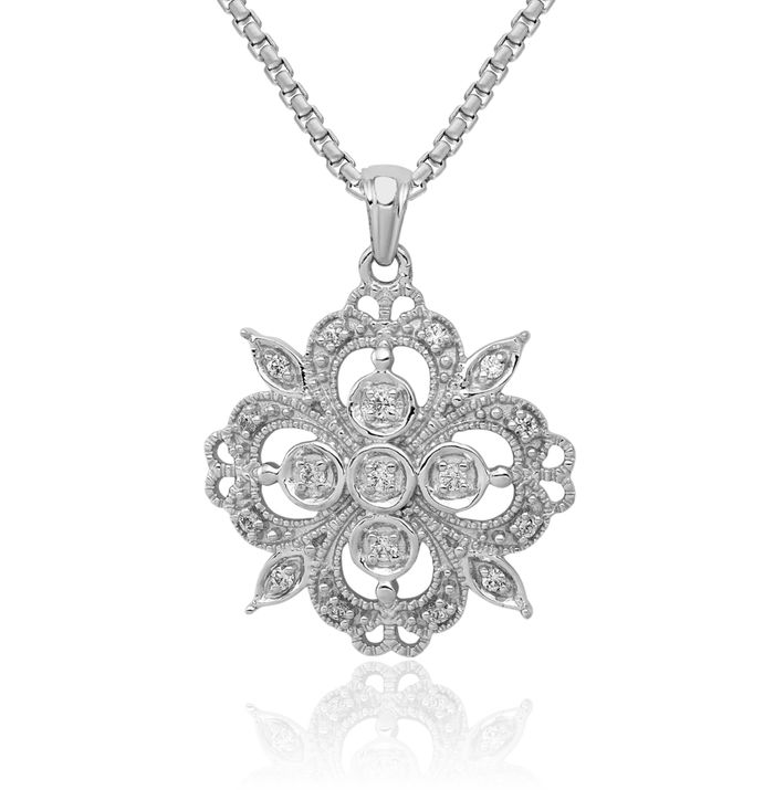 14K Solid White Gold Lab Diamond Antique Filigree Necklace Chain Pendant Charm