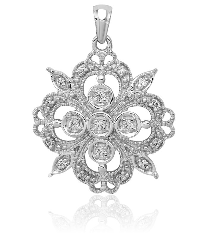 14K Solid White Gold Lab Diamond Antique Filigree Necklace Chain Pendant Charm