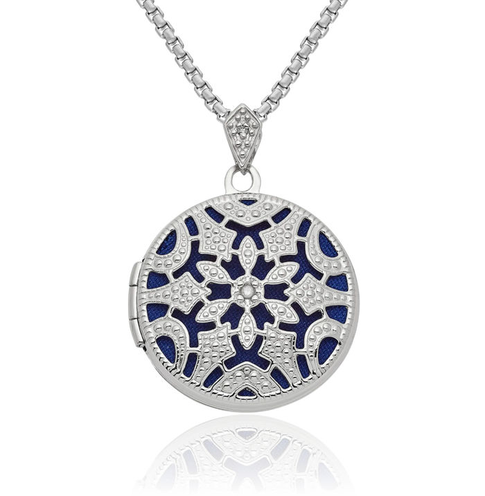 14K Solid White Gold Antique Filigree Diamond Round Personalized Photo Locket Necklace Picture Pendant Charm