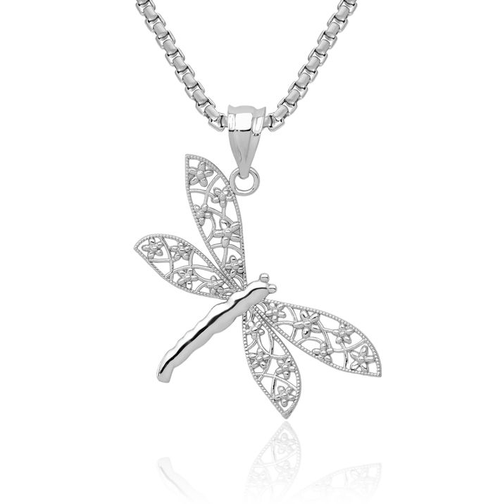 14K Solid White Gold Antique Filigree Dragonfly Necklace Chain Pendant Charm