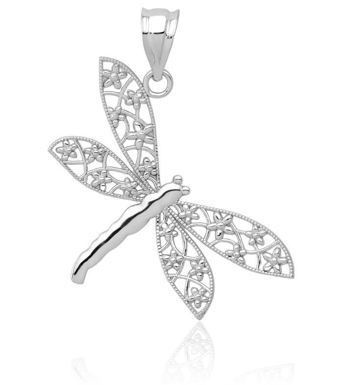 14K Solid White Gold Antique Filigree Dragonfly Necklace Chain Pendant Charm