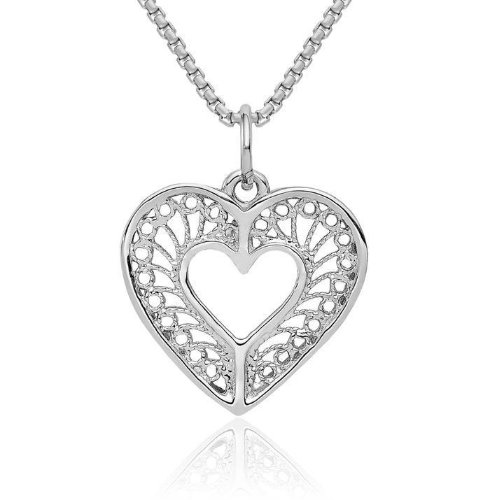 14K Solid White Gold Antique Filigree Heart Necklace Love Pendant Charm