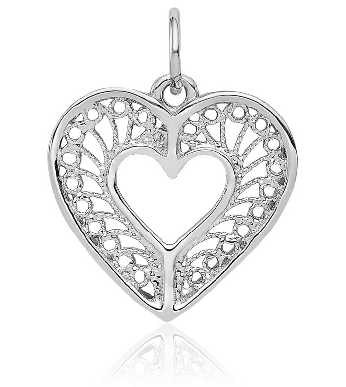 14K Solid White Gold Antique Filigree Heart Necklace Love Pendant Charm