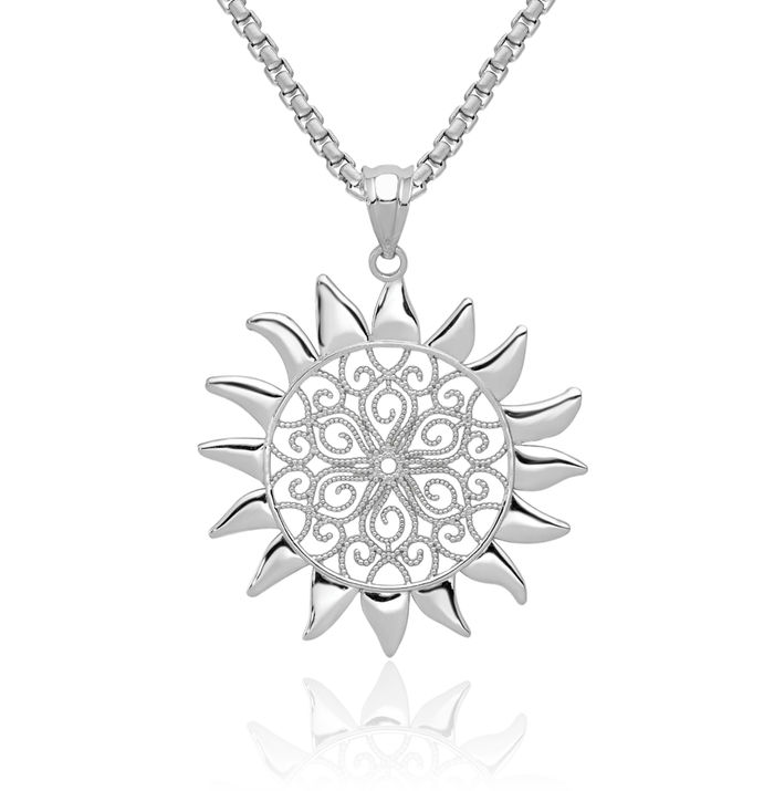 14K Solid White Gold Antique Filigree Sun Necklace Sunshine Pendant Sunburst Charm Celestial Jewelry