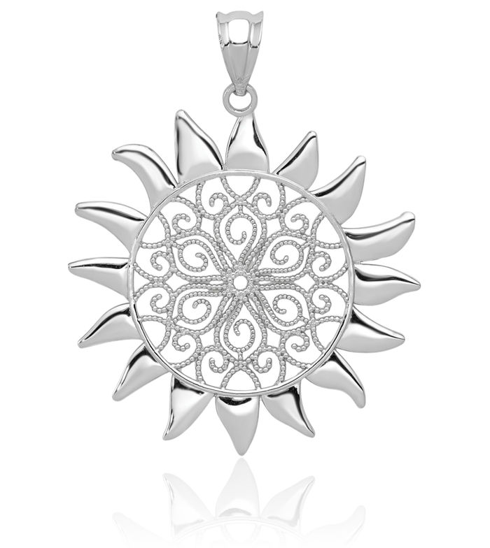 14K Solid White Gold Antique Filigree Sun Necklace Sunshine Pendant Sunburst Charm Celestial Jewelry