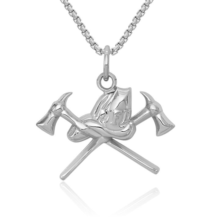 14K Solid White Gold Fire Department FD Fireman Necklace Firefighter Pendant Rescue Charm