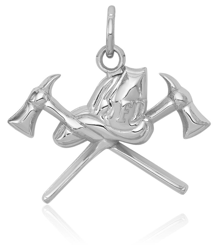 14K Solid White Gold Fire Department FD Fireman Necklace Firefighter Pendant Rescue Charm