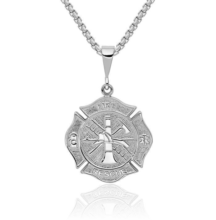 14K Solid White Gold Fire Department FD Fireman Necklace Firefighter Pendant Rescue Charm