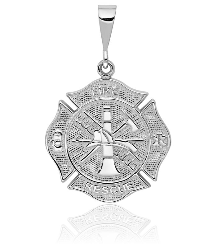 14K Solid White Gold Fire Department FD Fireman Necklace Firefighter Pendant Rescue Charm