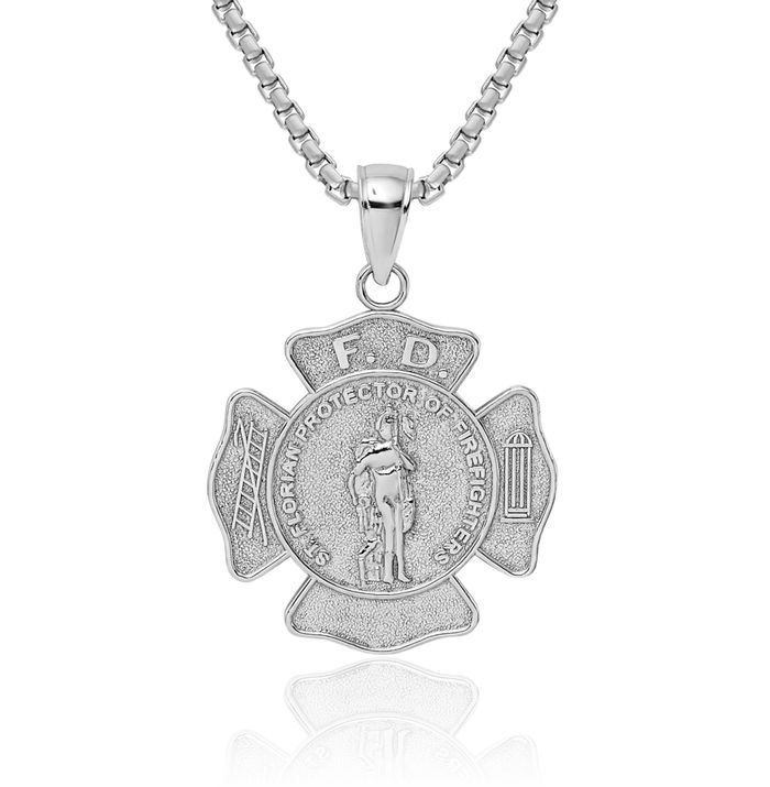14K Solid White Gold Fire Department FD Saint Florian Fireman Medal Necklace Firefighter Pendant Rescue Charm