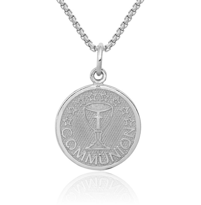 14K Solid White Gold First Holy Communion Necklace Chain Pendant Charm