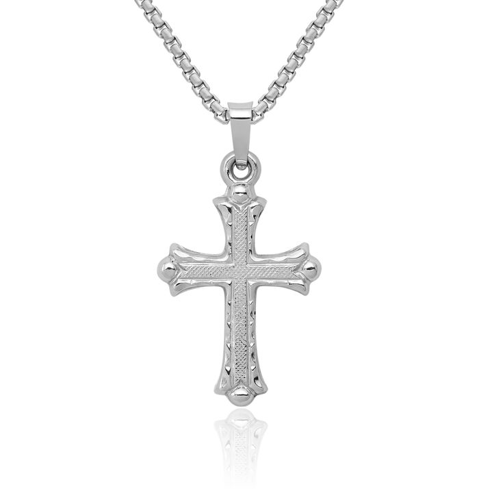 14K Solid White Gold French Fleur De Lis Lily Flower Holy Cross Necklace Religious Chain Pendant Jesus Christ Charm