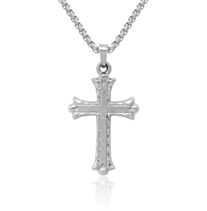 14K Solid White Gold French Fleur De Lis Lily Flower Holy Cross Necklace Religious Chain Pendant Jesus Christ Charm