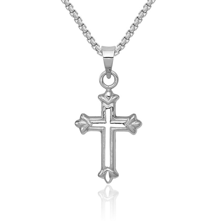 14K Solid White Gold French Fleur De Lis Lily Flower Holy Cross Necklace Religious Chain Pendant Jesus Christ Charm