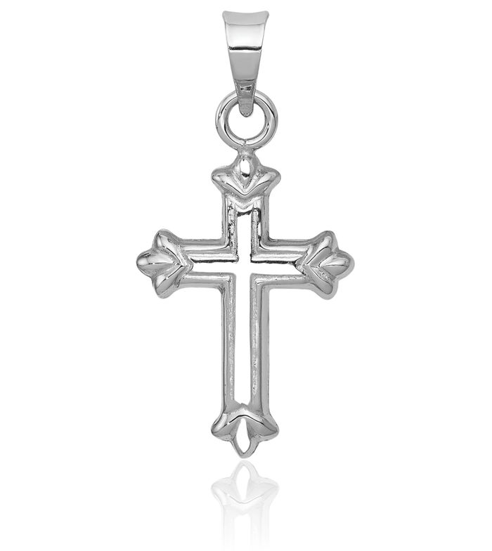 14K Solid White Gold French Fleur De Lis Lily Flower Holy Cross Necklace Religious Chain Pendant Jesus Christ Charm