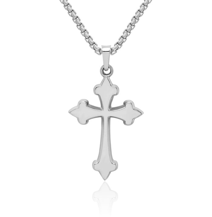 14K Solid White Gold French Fleur De Lis Lily Flower Holy Cross Necklace Religious Chain Pendant Jesus Christ Charm