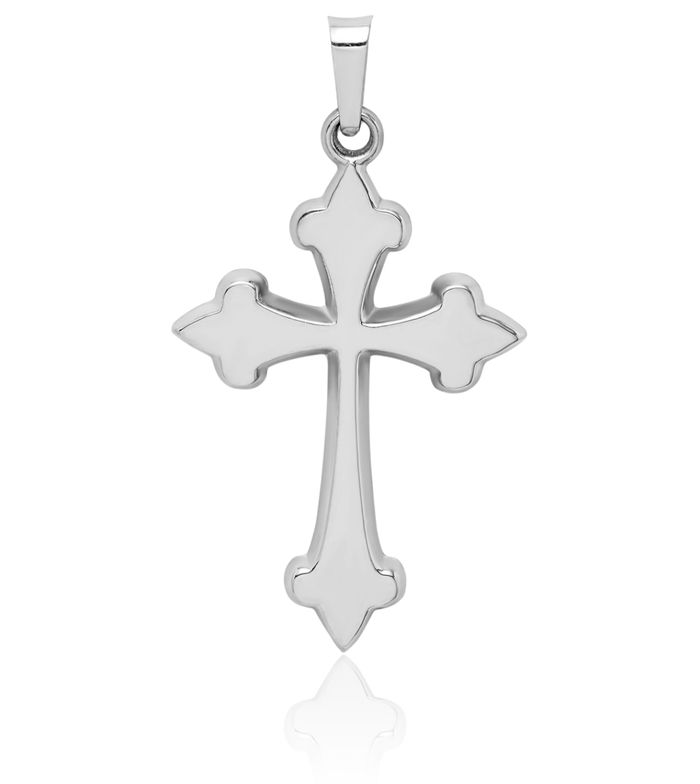 14K Solid White Gold French Fleur De Lis Lily Flower Holy Cross Necklace Religious Chain Pendant Jesus Christ Charm