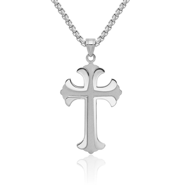 14K Solid White Gold French Fleur De Lis Lily Flower Holy Cross Necklace Religious Chain Pendant Jesus Christ Charm