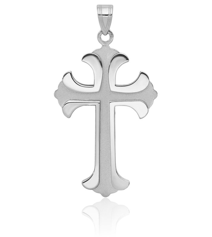 14K Solid White Gold French Fleur De Lis Lily Flower Holy Cross Necklace Religious Chain Pendant Jesus Christ Charm