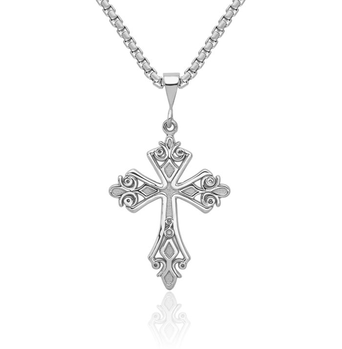 14K Solid White Gold French Fleur De Lis Lily Flower Holy Cross Necklace Religious Chain Pendant Jesus Christ Charm