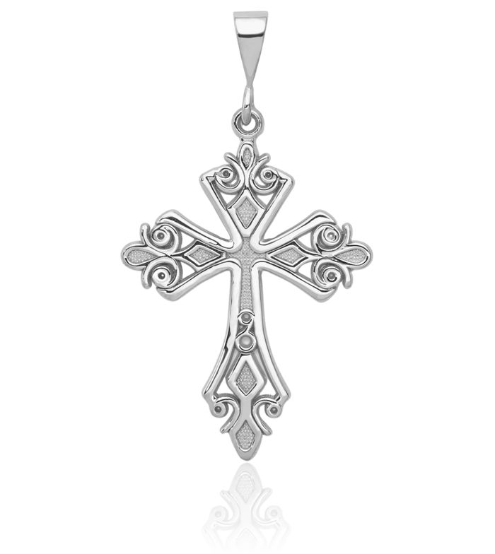 14K Solid White Gold French Fleur De Lis Lily Flower Holy Cross Necklace Religious Chain Pendant Jesus Christ Charm