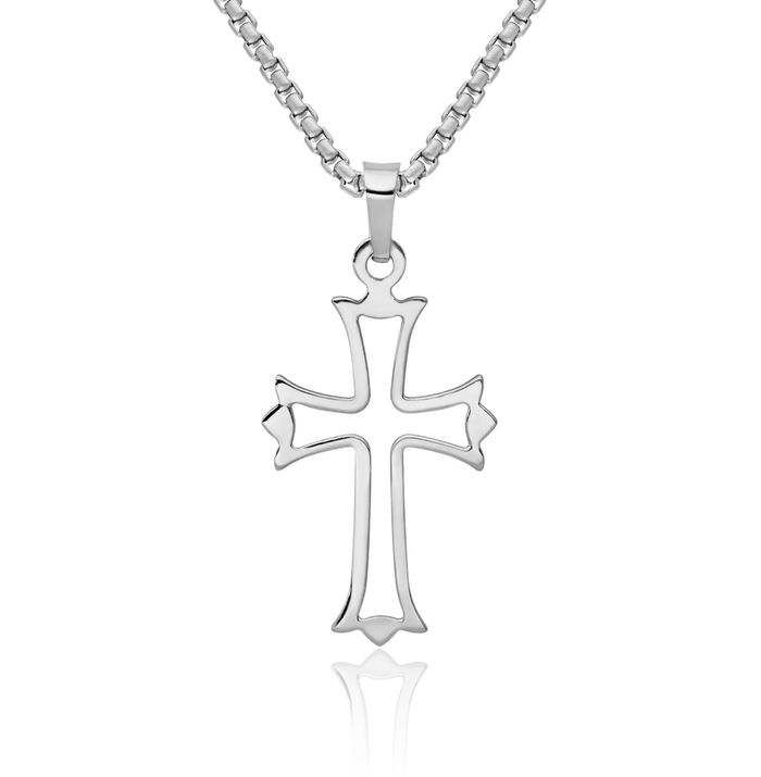 14K Solid White Gold French Fleur De Lis Lily Flower Holy Cross Necklace Religious Chain Pendant Jesus Christ Charm