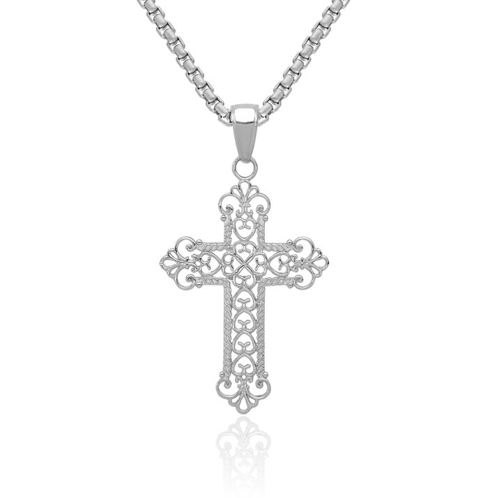 14K Solid White Gold French Fleur De Lis Lily Flower Holy Cross Necklace Religious Chain Pendant Jesus Christ Charm