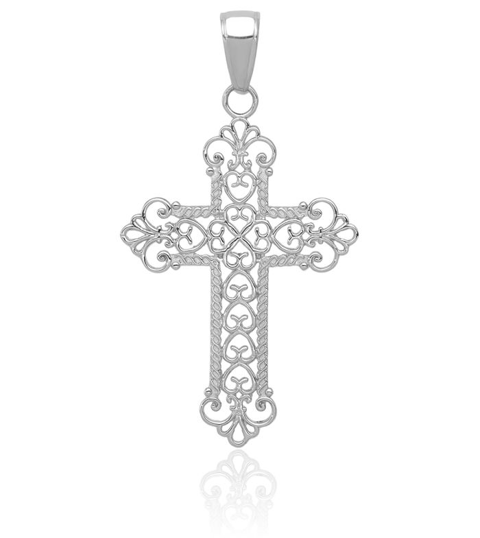 14K Solid White Gold French Fleur De Lis Lily Flower Holy Cross Necklace Religious Chain Pendant Jesus Christ Charm