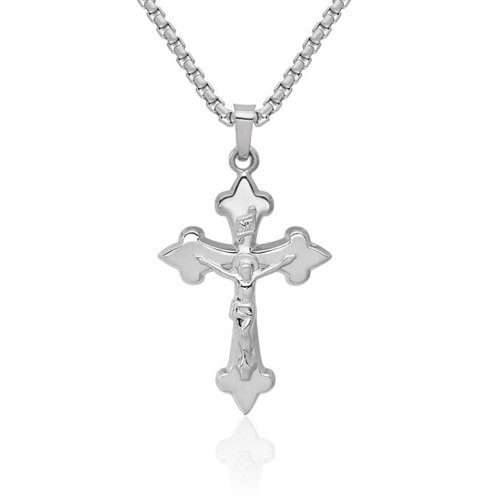 14K Solid White Gold French Fleur De Lis Lily Flower Lord Jesus Christ Crucifix Holy Cross Necklace Religious Chain Pendant Charm