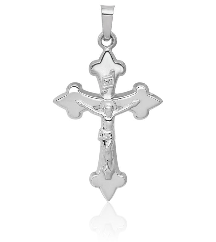 14K Solid White Gold French Fleur De Lis Lily Flower Lord Jesus Christ Crucifix Holy Cross Necklace Religious Chain Pendant Charm