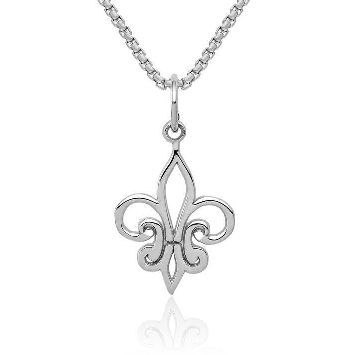 14K Solid White Gold French Fleur De Lis Lily Flower Necklace Religious Chain Pendant Saint Charm