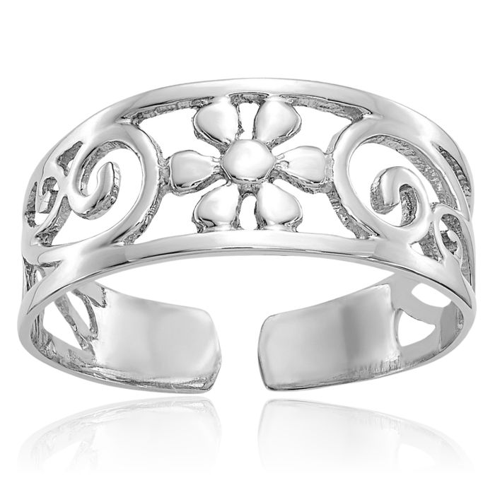 14K Solid White Gold Flower Adjustable Toe Ring Open Midi Band Summer Beach Jewelry