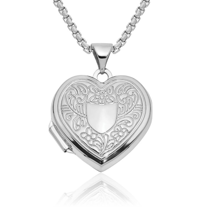 14K Solid White Gold Flower Crest Heart Personalized Photo Locket Necklace Picture Pendant Charm