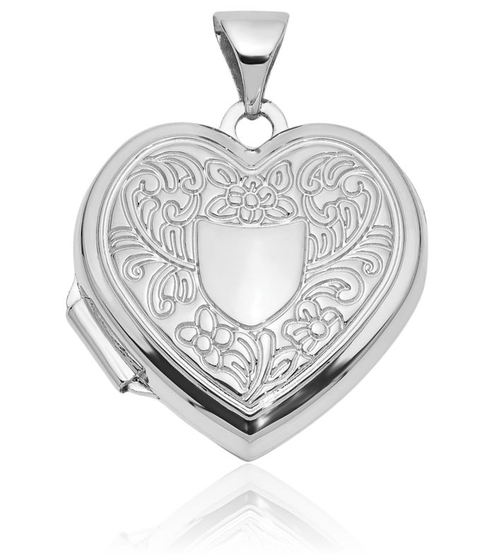 14K Solid White Gold Flower Crest Heart Personalized Photo Locket Necklace Picture Pendant Charm