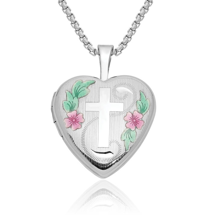 14K Solid White Gold Flower Holy Cross Heart Personalized Photo Locket Necklace Religious Chain Pendant Jesus Christ Charm