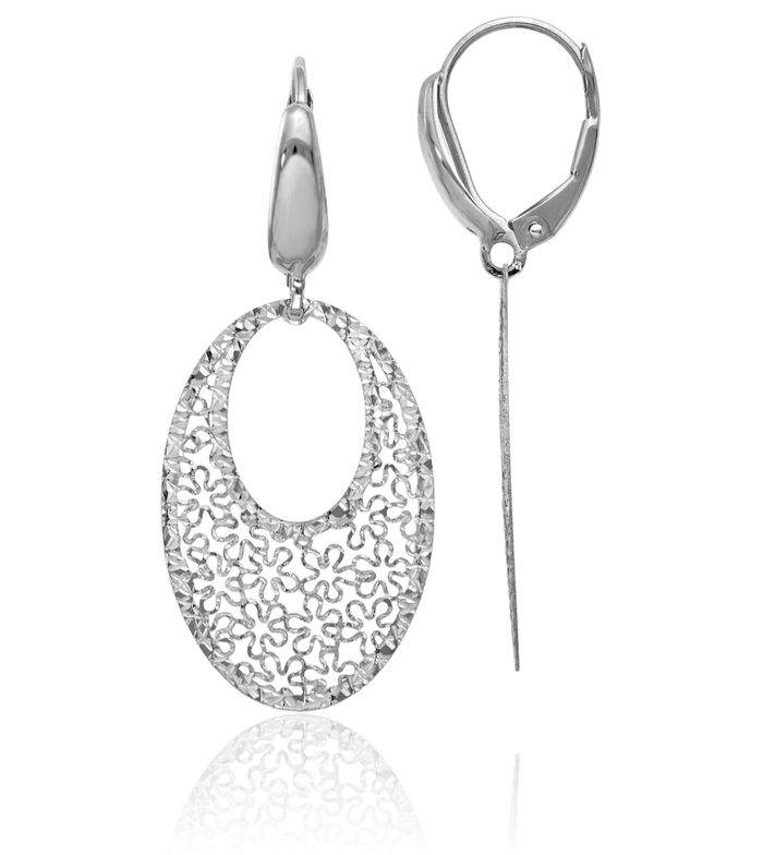 14K Solid White Gold Flower Drop Dangle Earrings