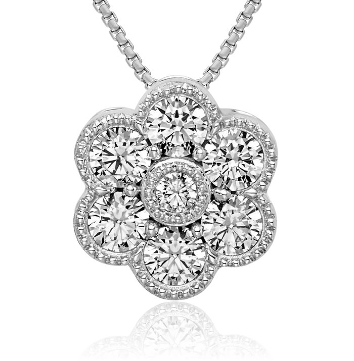 14K Solid White Gold Flower Diamond Floating Chain Slide Pendant Necklace Charm