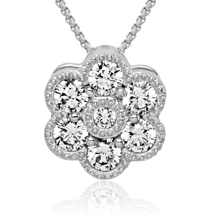 14K Solid White Gold Flower Diamond Floating Chain Slide Pendant Necklace Charm