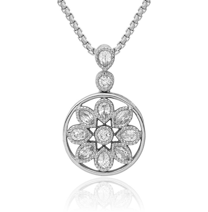 14K Solid White Gold Flower Diamond Floating Chain Slide Pendant Necklace Charm