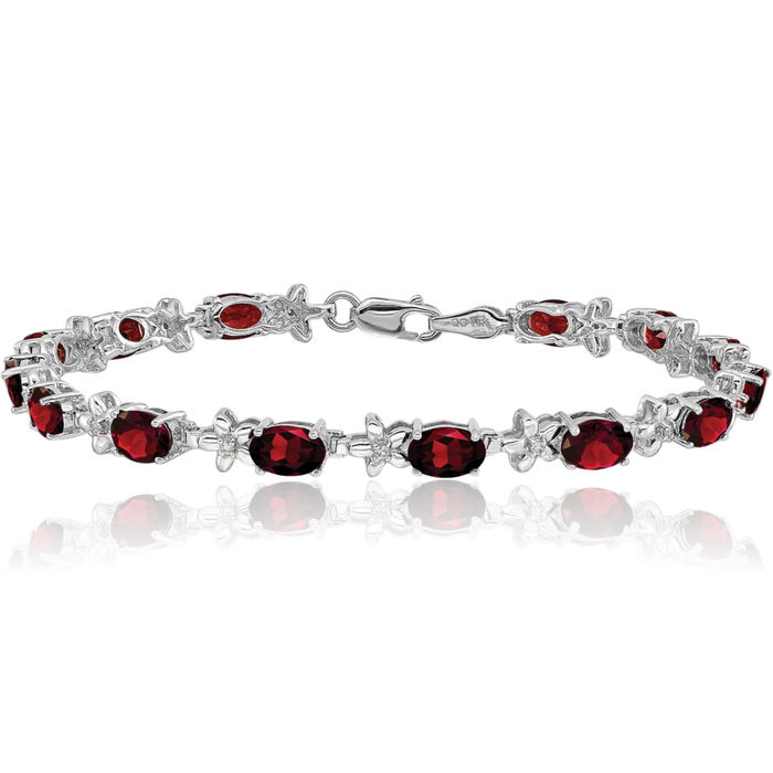 14K Solid White Gold Flower Diamond Red Garnet Chain Gemstone Tennis Bracelet