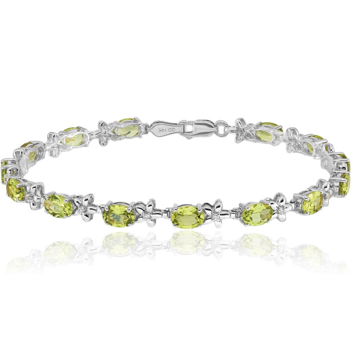 14K Solid White Gold Flower Diamond Green Peridot Chain Gemstone Tennis Bracelet